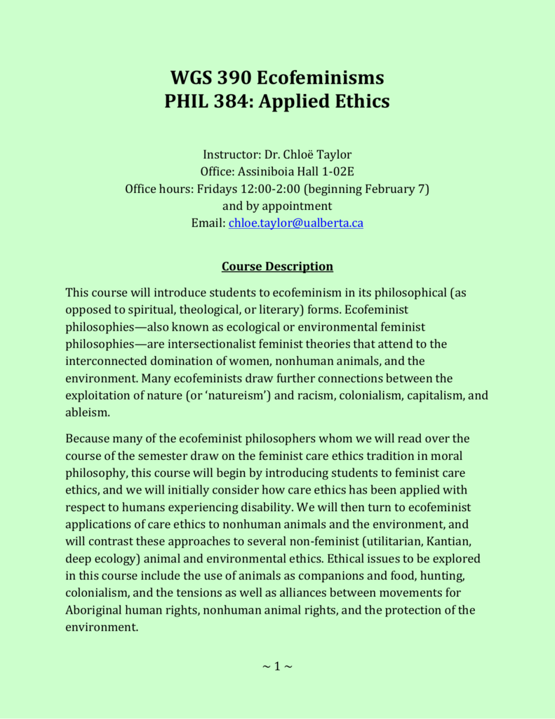 WGS 390 Ecofeminisms PHIL 384: Applied Ethics