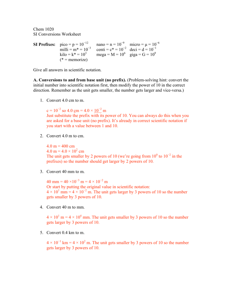 Chem 21 SI Conversions Worksheet SI Prefixes: pico = p = 21−21 In Si Unit Conversion Worksheet