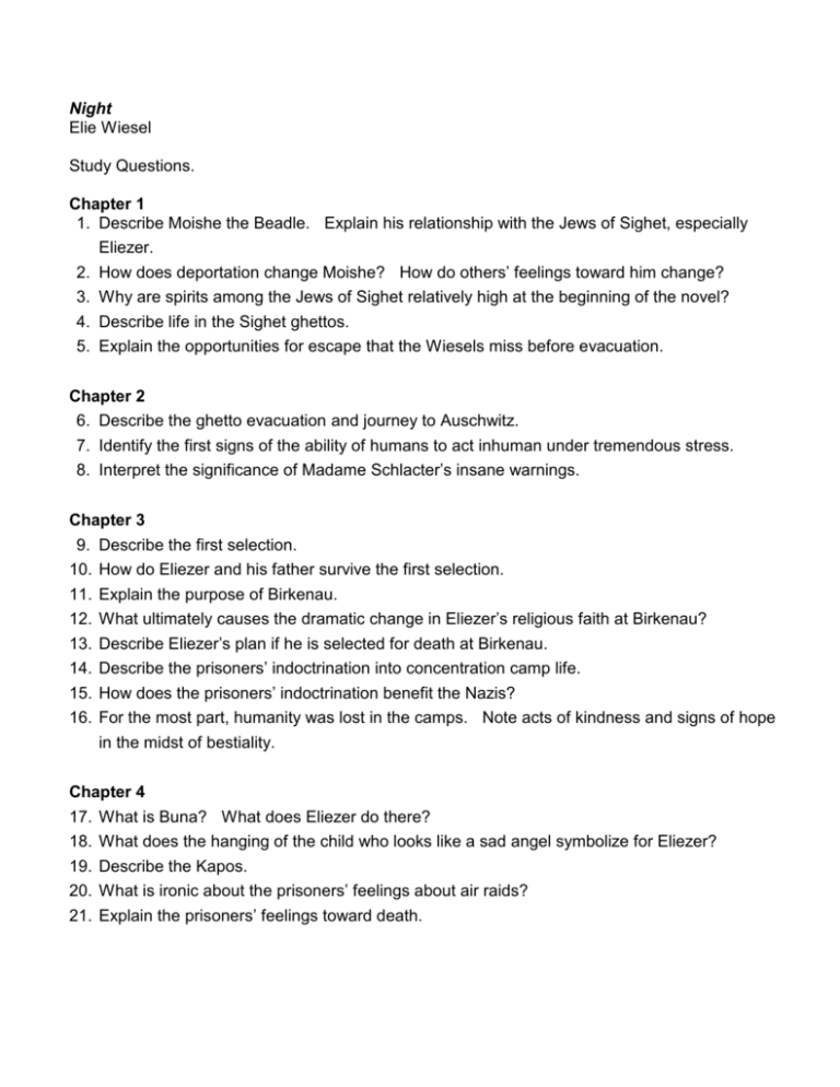 Night Elie Wiesel Study Questions Chapter 1 1