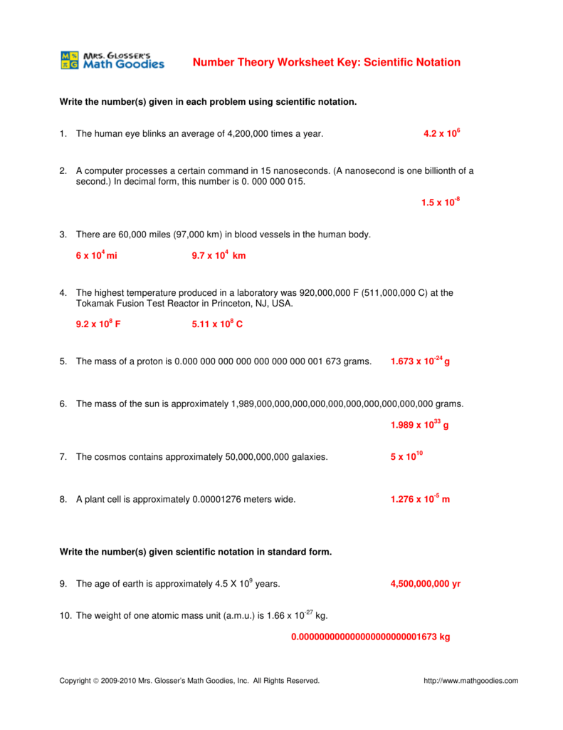 Number Theory Worksheet Key: Scientific Notation With Regard To Scientific Notation Worksheet Answer Key