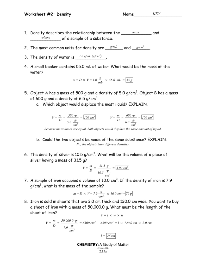 Worksheet #20: Density Name___________________ CHEMISTRY Intended For Density Worksheet Chemistry Answers