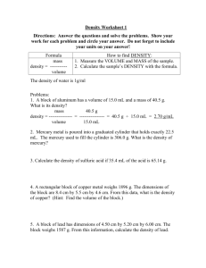 Density Worksheet 1 Directions: Answer the
