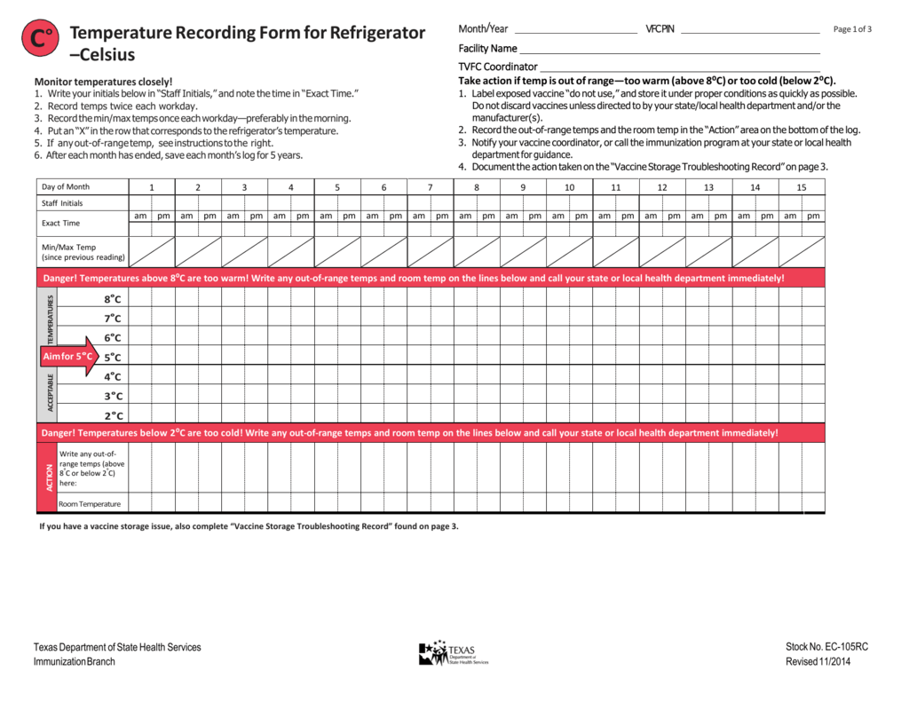 Temperature Recording Form For Refrigerator Celsius