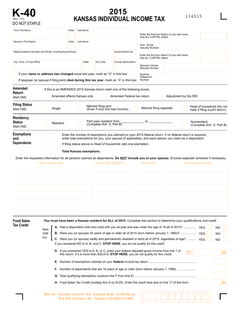 Current K 40 Tax Form Kansas Department Of Revenue