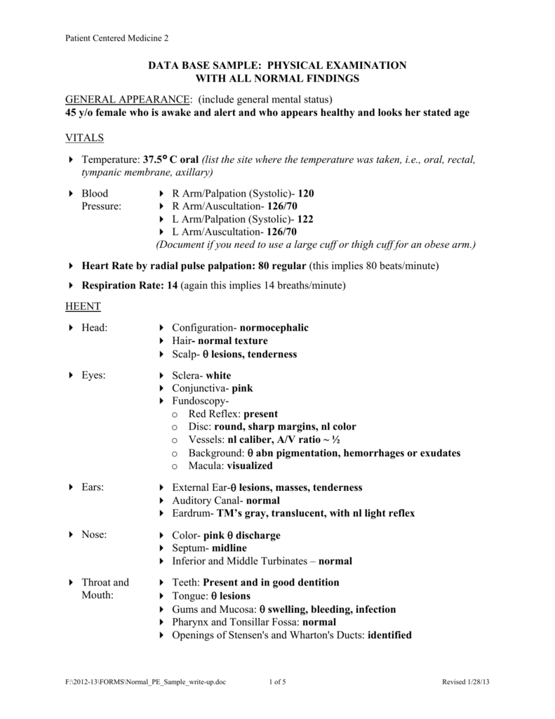 physical exam normal findings