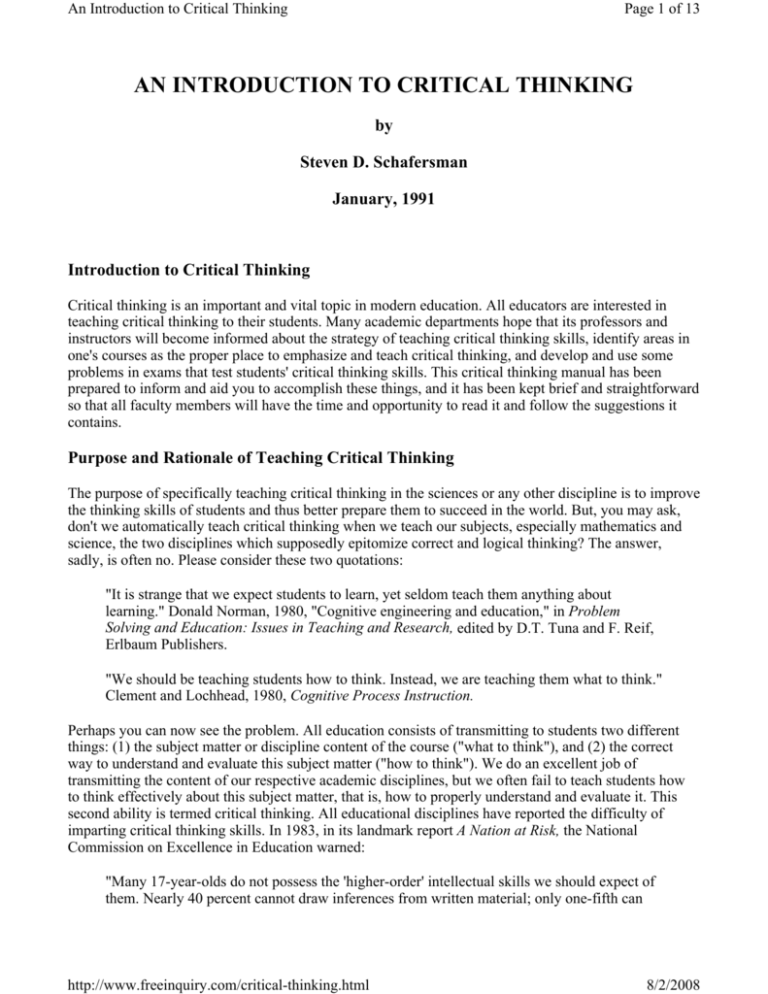schafersman s. d. (1991). an introduction to critical thinking