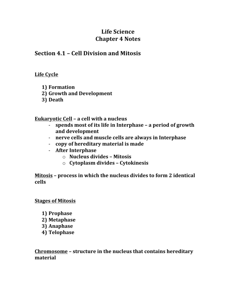 Life Science Chapter 4 Notes Section 4 1 Cell Division And Mitosis