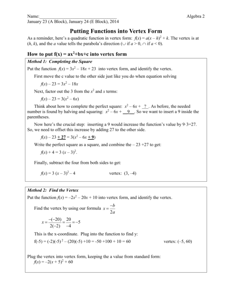 Putting Functions Into Vertex Form