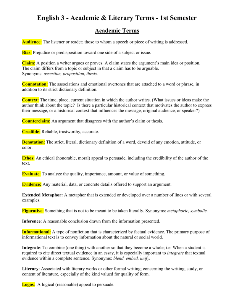 English Literary Terms Worksheet