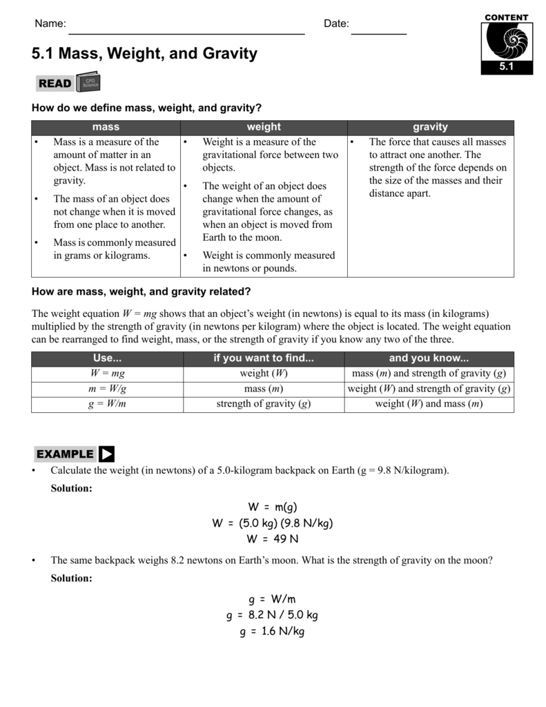 22.22 Mass, Weight, and Gravity Throughout Mass And Weight Worksheet