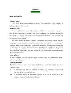 Lecture 23 Capital markets shares and securities 1. Issue of Shares