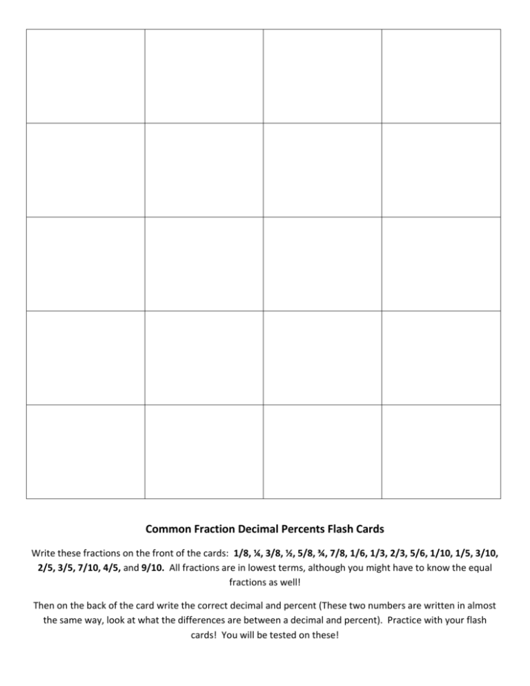 Common Fraction Decimal Percents Flash Cards