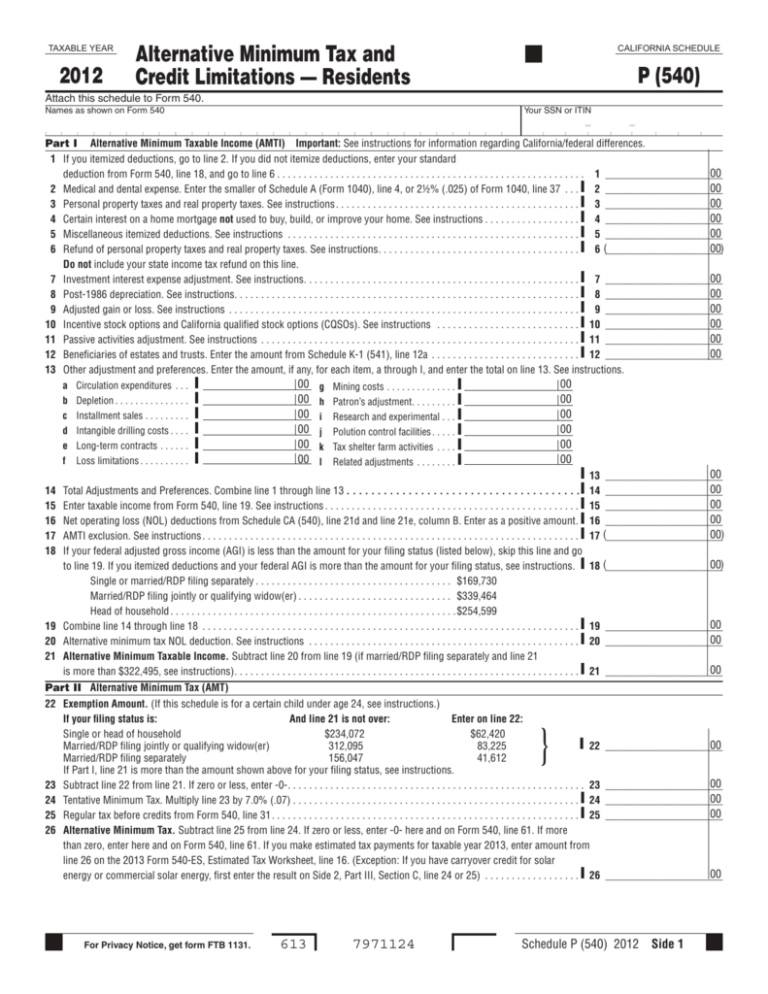 Alternative Minimum Tax and Credit Limitations — Residents 2012 P