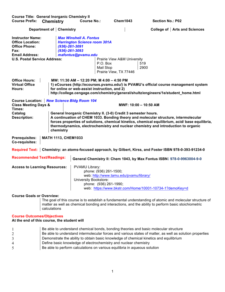 General Inorganic Chemistry Ii Course Prefix Chemistry Course No
