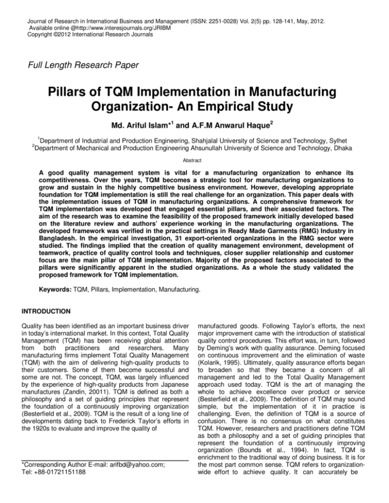 case study of tqm implementation in manufacturing