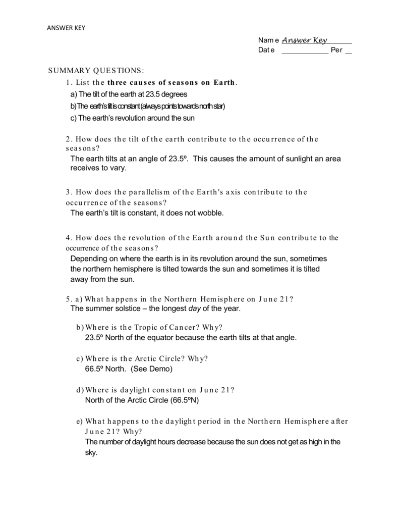 SUMMARY QUESTIONS: 22. List the three causes of seasons on Throughout Reasons For Seasons Worksheet