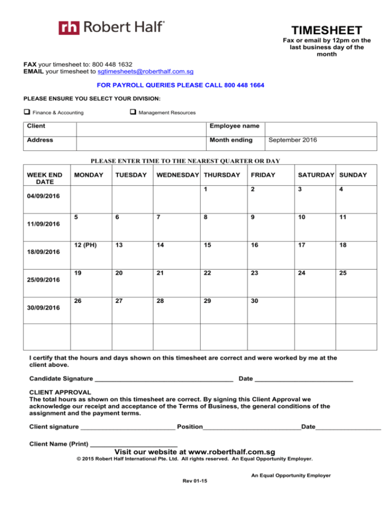 Timesheet Robert Half Singapore