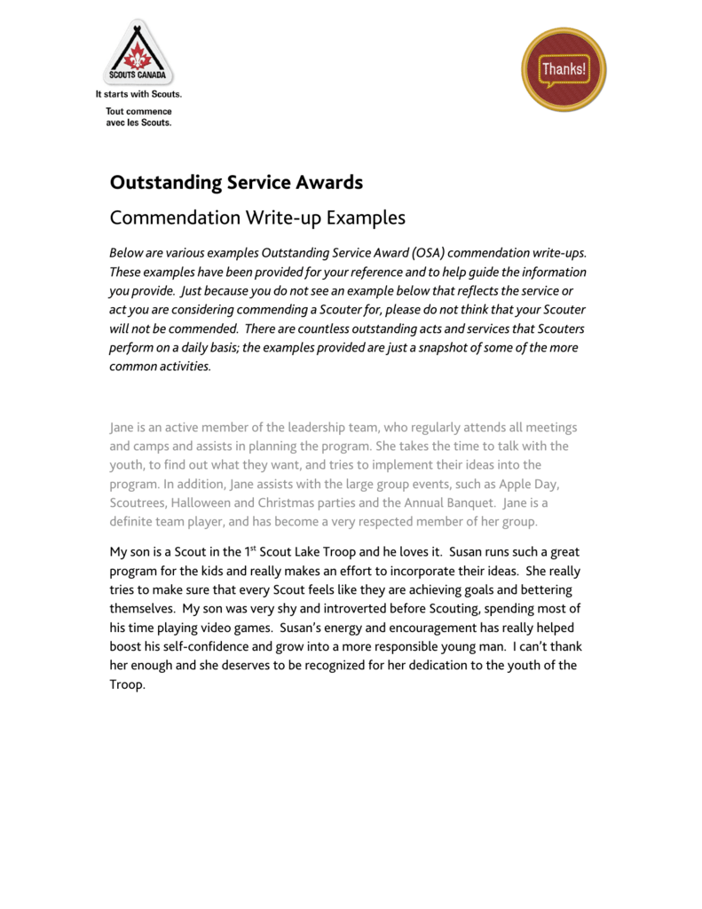 Outstanding Service Awards Commendation Write