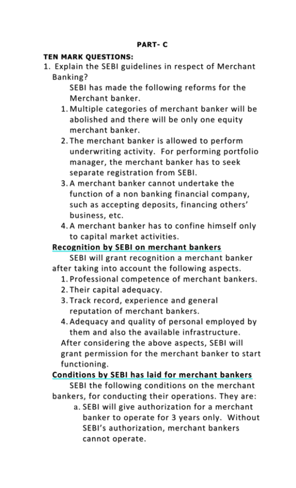 1 Explain The SEBI Guidelines In Respect Of Merchant Banking