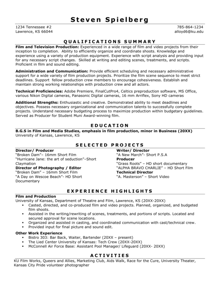 Film Resume Sample University Career Center