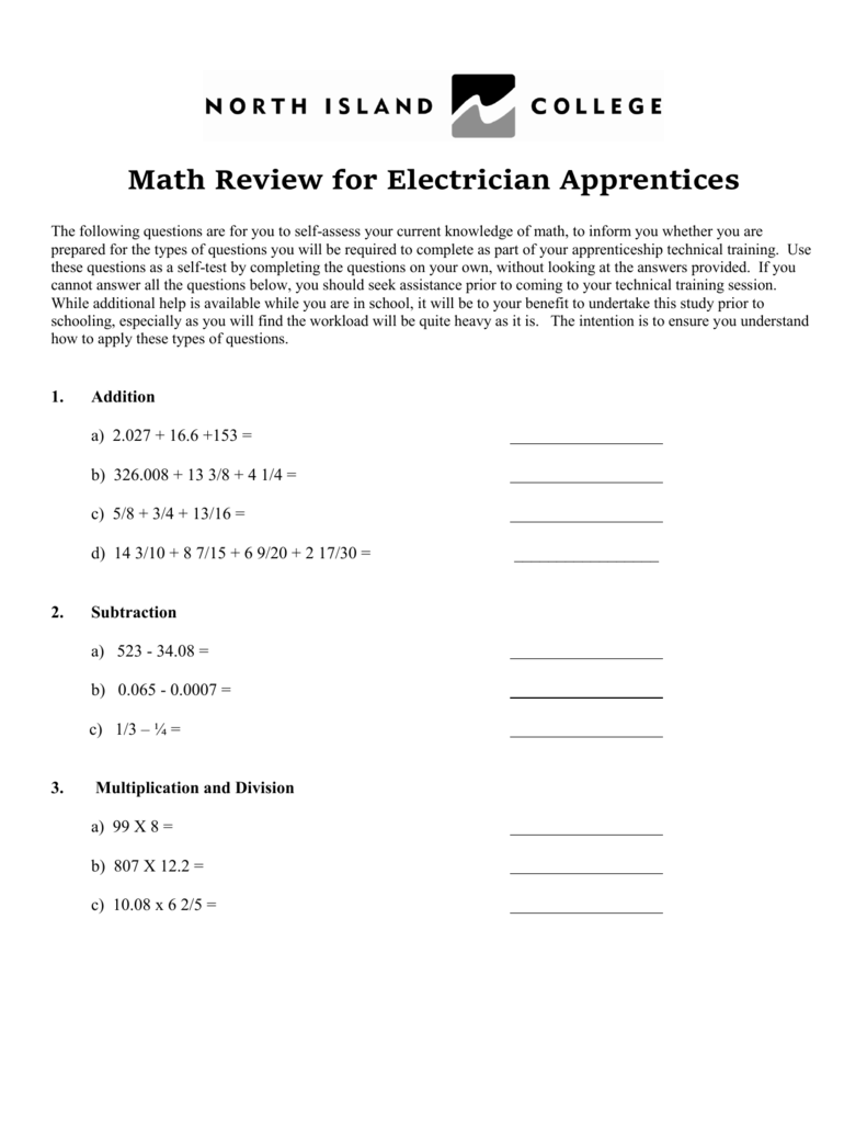 Math Review for Electrician Apprentices