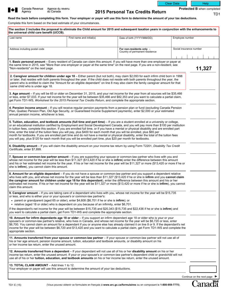 TD1 Form 2015 (Federal)