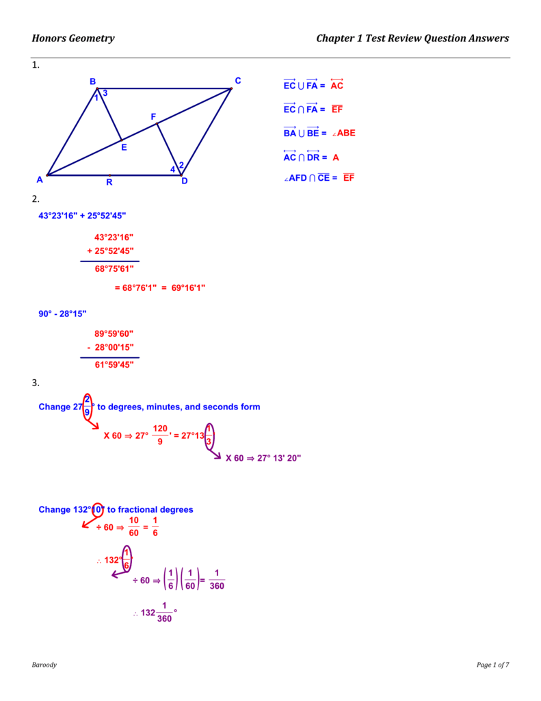 Honors Geometry Chapter 1 Test Review Question Answers 1 2 3 