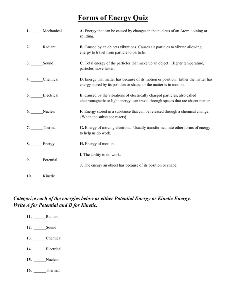 Forms of Energy Quiz - RRMS 22th Grade Science With Regard To Forms Of Energy Worksheet