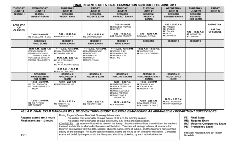 Regents Exam Schedule June 2022 Final Regents, Rct & Final Examination Schedule For June 2011 All Ap