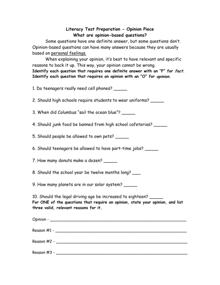 literacy test opinion essay topics