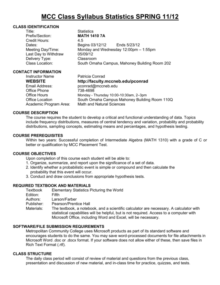 MCC Class Syllabus Statistics SPRING 11 12