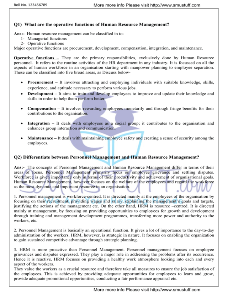 Q1 What Are The Operative Functions Of Human Resource