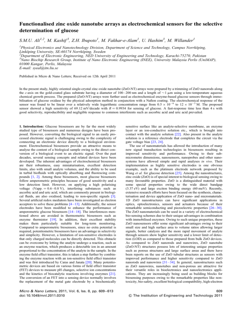 Functionalised zinc oxide nanotube arrays as electrochemical