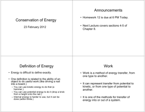 Conservation of Energy Announcements Definition of Energy Work