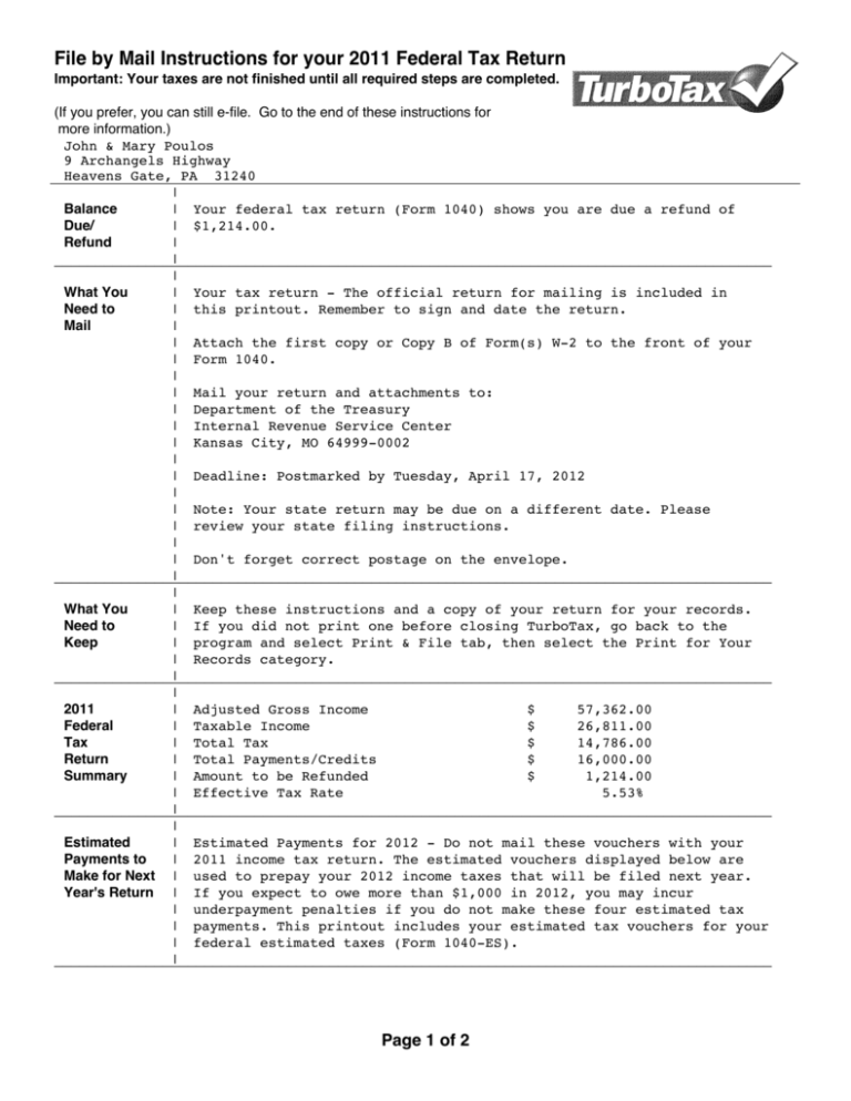 File By Mail Instructions For Your 2011 Federal Tax Return