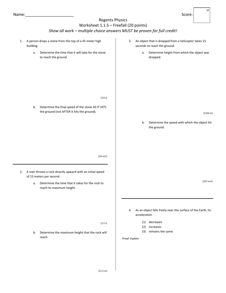 Worksheet Freefall