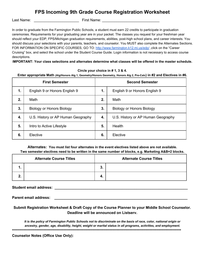 Fps Incoming 9th Grade Course Registration Worksheet