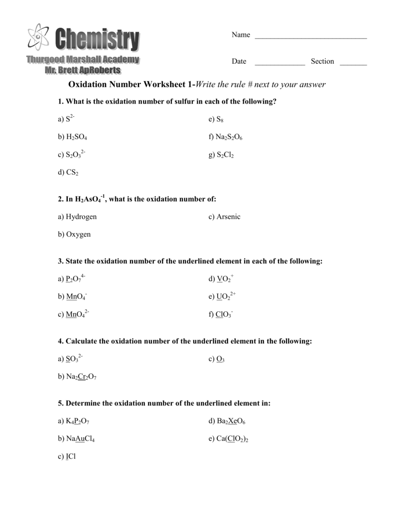 Oxidation Number Worksheet 1 Write The Rule Next To Your Answer