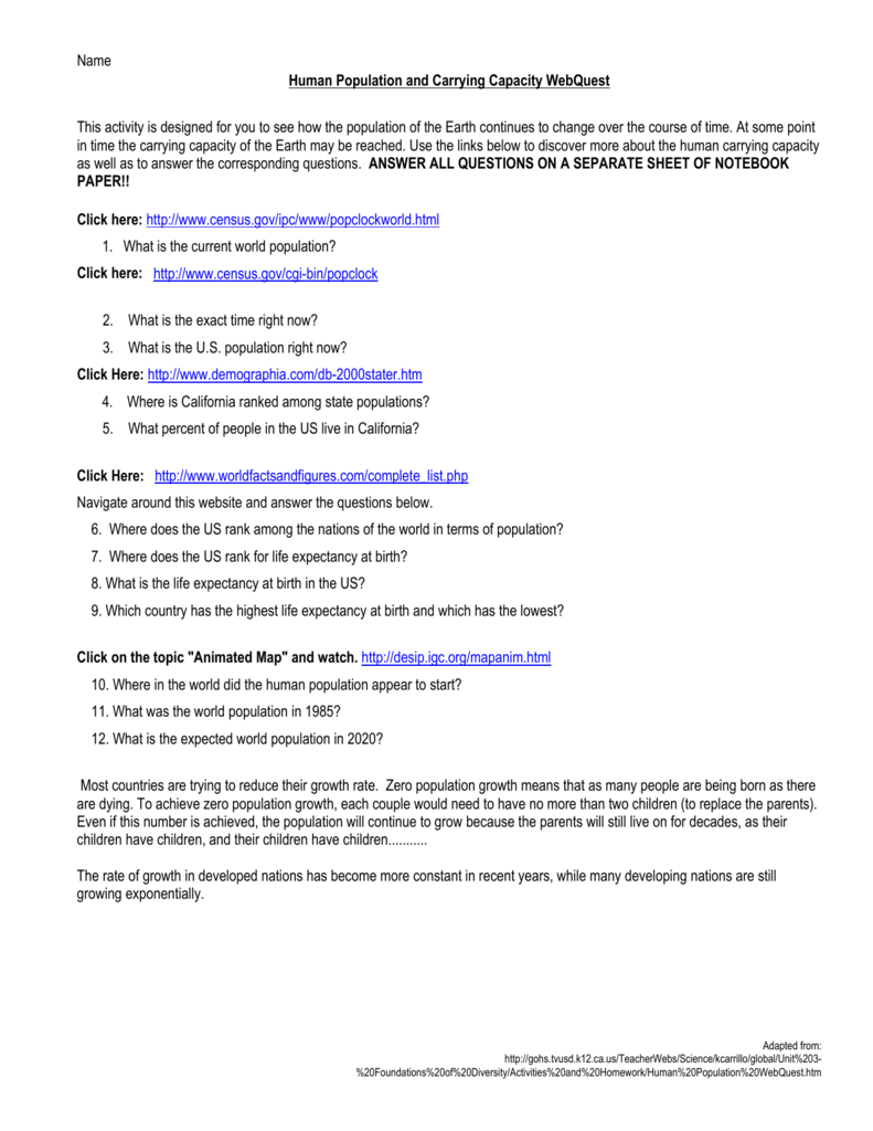 Human Population Growth Worksheet Answer