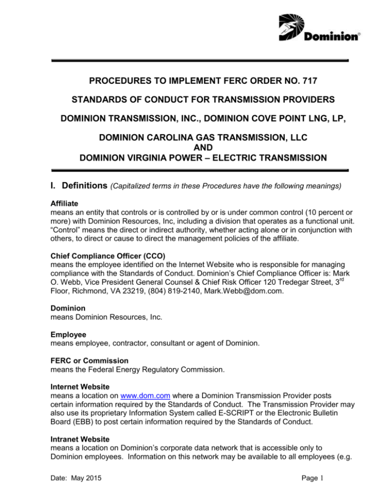 procedures to implement ferc order no. 717 standards of