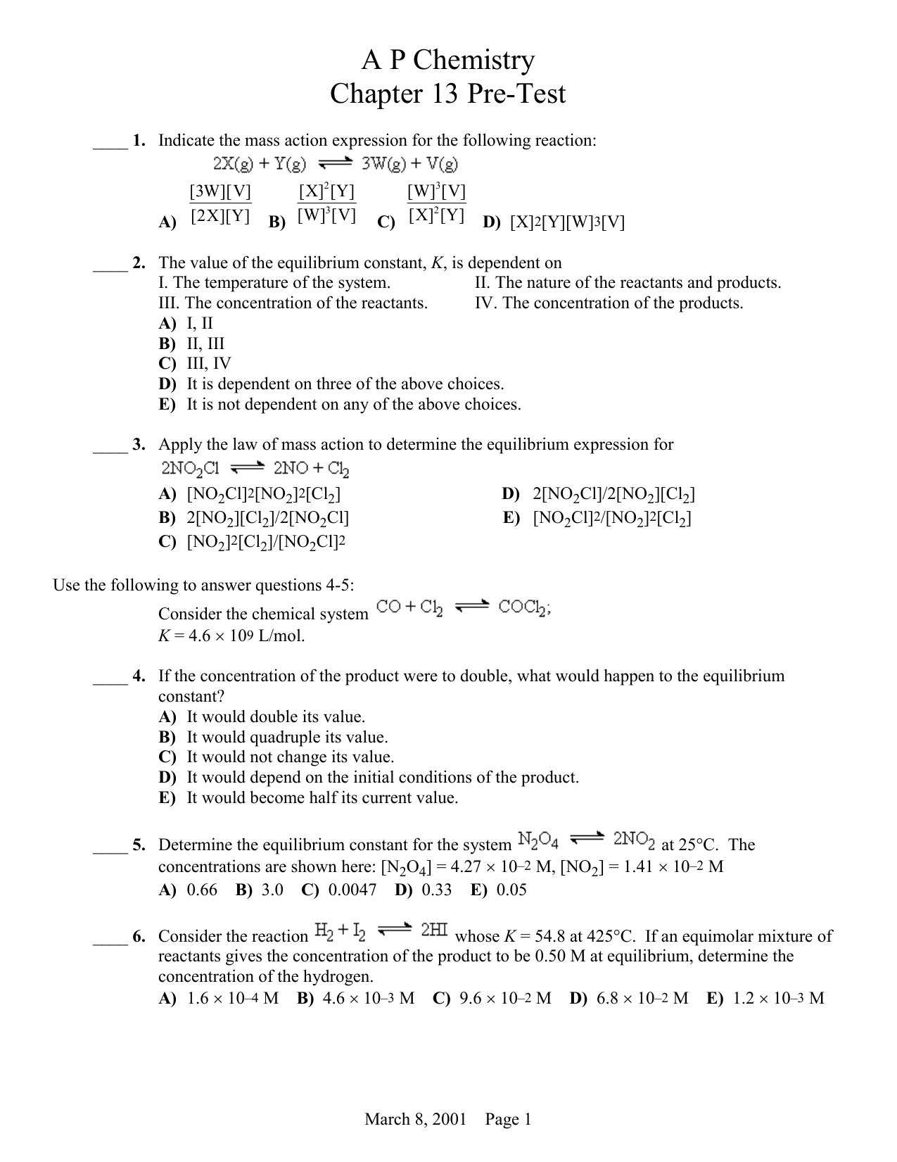 A P Chemistry Chapter 13 Pre Test