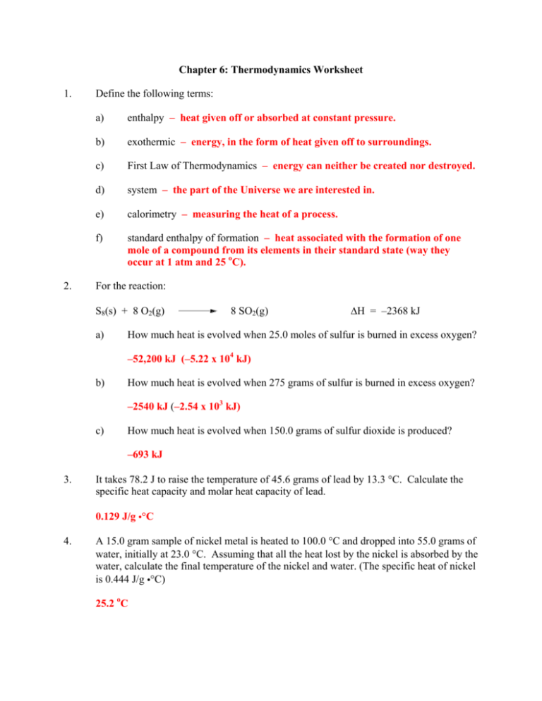 Chapter 6 Thermodynamics Worksheet 1 Define The Following 8996