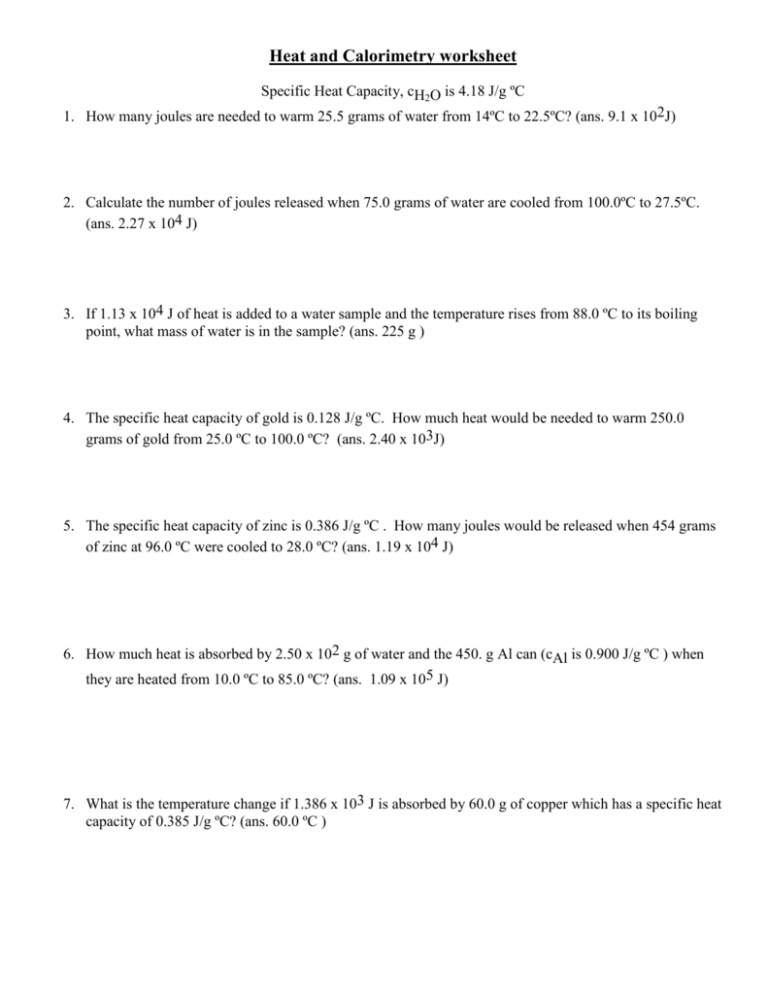 Enthalpy Calculations Worksheet