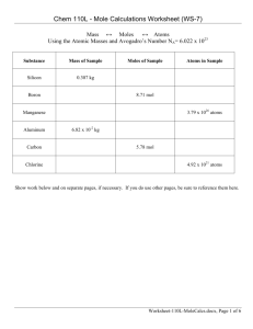 Chem 110L - Mole Calculations Worksheet (WS-7)
