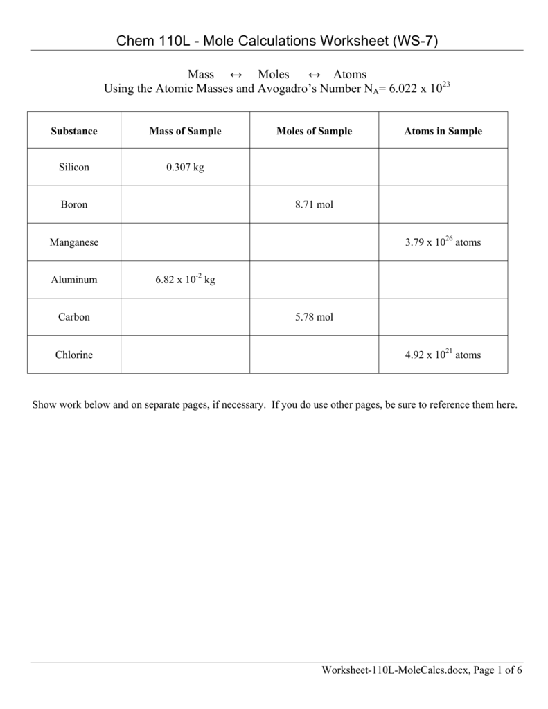 Chem 110L - Mole Calculations Worksheet (WS-7)