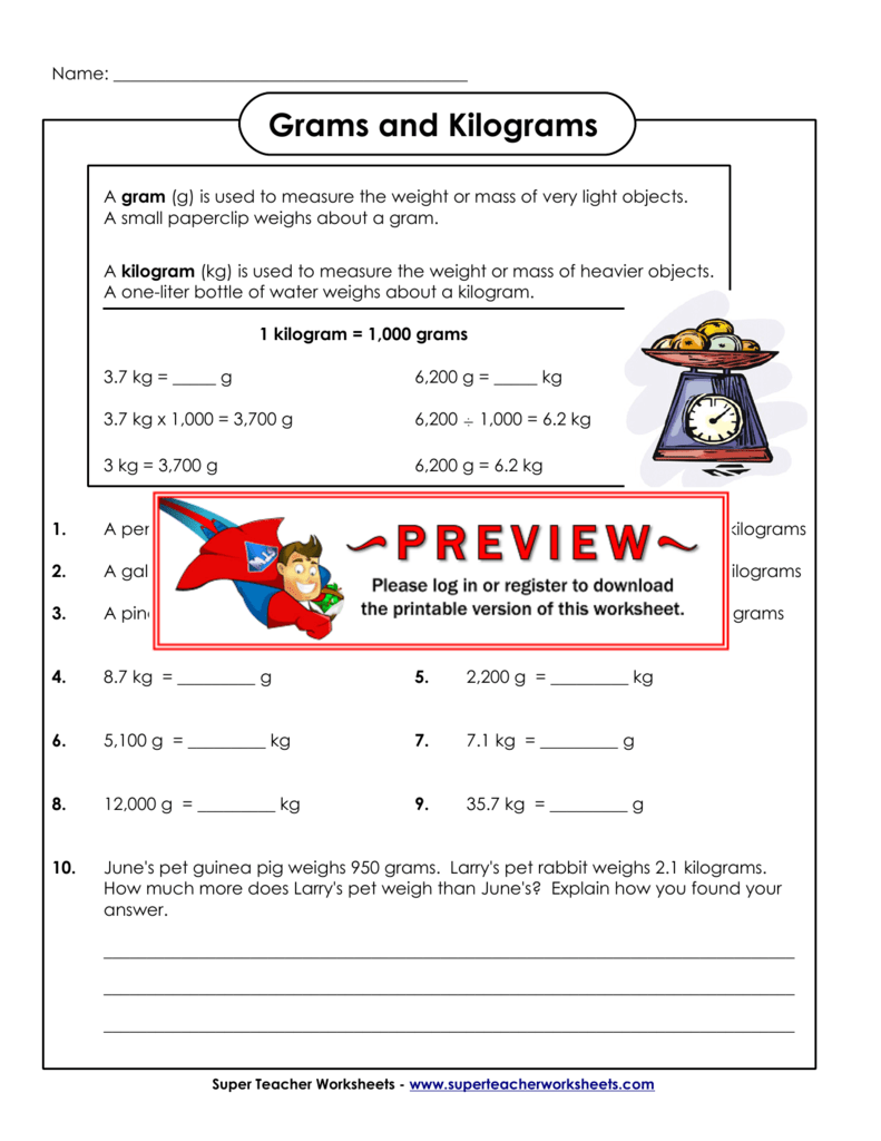 Grams And Kilograms Super Teacher Worksheets