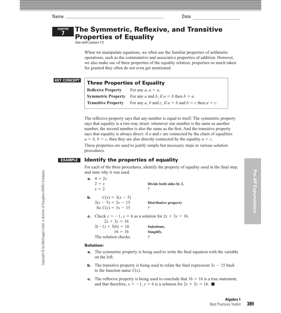 The Symmetric, Reflexive, and Transitive Properties of Equality With Properties Of Equality Worksheet