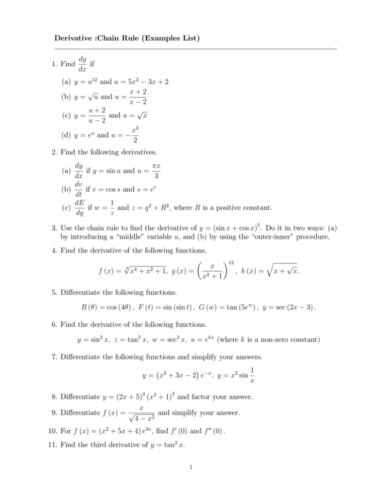 Derivative Chain Rule Examples List 1 Find Dy Dx If A Y U 12