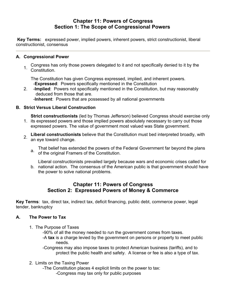 Chapter 11 - Powers of Congress In Powers Of Congress Worksheet