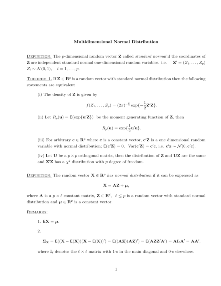 Multidimensional Normal Distribution Definition The P